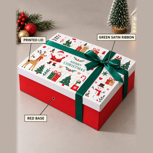 Custom Christmas <b>Lid</b> and Base <b>Gift</b> <b>Box</b> White Red Rigid Paperboard <b>with</b> Green Ribbon - Product Image 6