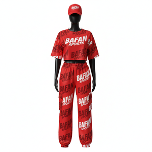 Conjunto de top corto y pantalón para mujer, tela elástica suave de poliéster y spandex de alta calidad, 180 GSM, estampado completo. Conjuntos para mujer. - Product Image 6