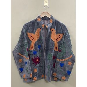 Hand Embroidered 100% Cotton <b>Velvet</b> Jacket <b>Women</b> Mandarin Collar Full Sleeve Floral Pattern Spring Bohemian Style <b>Coat</b> - Product Image 6