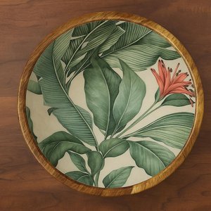Bol en bois émaillé fait main avec motif de feuilles et de fleurs tropicales pour le service des aliments, usage décoratif, bol personnalisé pour la maison et les restaurants - Product Image 2