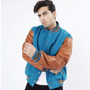 Veste de sport en laine bleue pour homme avec manches en cuir marron, col rabattu, vêtement décontracté pour l'automne - Product Image 3