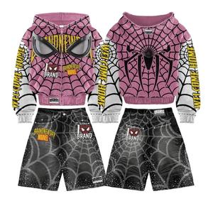 Conjunto de Sudadera con Capucha y Pantalones Cortos de Fibra de Bambú 100% Ecológica con Estampado de Spiderman para Hombre, Color Rosa y Negro, Impresión Digital, Estilo Urbano, Ropa de Verano - Product Image 1