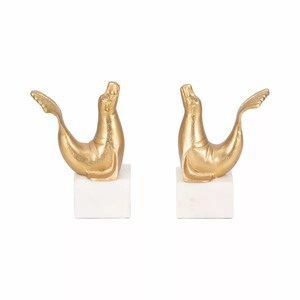 <b>Gold</b> Plated Seal Bookends Sculptural Metal Decorative Home Office <b>Desk</b> Accessory Contemporary Style 2Pcs - Product Image 1