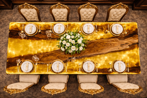 Plateau de table de luxe en bois massif à bords naturels et résine dorée effet rivière, idéal pour salle à manger ou bureau - Product Image 3