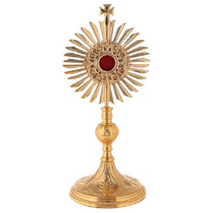 Relicario/Monstrario de Latón con Acabado Dorado Antiguo y Gema Roja en el Centro, Diseño Tradicional para Bautizo y Decoración del Hogar, con Metal - Product Image 4