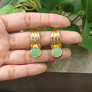18K Gold Plated Bezel Set Fancy <b>Drop</b> Earrings with Prehnite Chalcedony Stone Women's Classic Style Jewelry for Party Occasions - Product Image 1