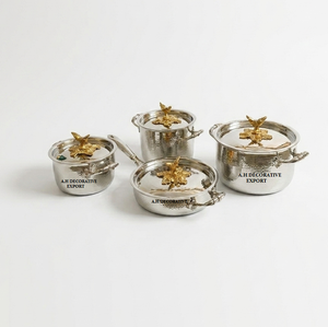 Designer Hammered Metal Casserole <b>Set</b> with Gold Finish Knobs Stainless Steel Induction Friendly for Kitchen Cooking Pan & <b>Pots</b> - Product Image 1
