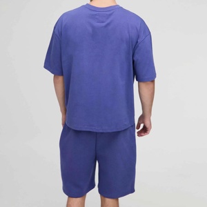 Men's Solid Blue Cotton Casual Two Piece Set Summer Knitted Oversized <b>T</b>-<b>Shirt</b> and Shorts - Product Image 5