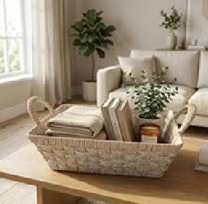Shallow woven rattan countertop basket with wooden <b>side</b> handles for bathroom towels, available at wholesale prices. - Product Image 6