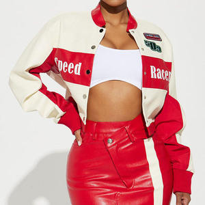 OEMWomen's Red <b>White</b> Color Blocked custom leather <b>jacket</b> With Speed Racer Patch Design Full Sleeve Turn Down Collar Autumn STYLE - Product Image 6