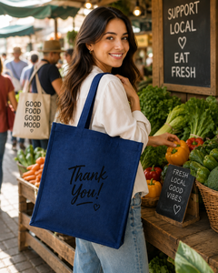 Eco Friendly Solid Blue Jute Tote <b>Bag</b> Double Handles Custom Logo Reusable Shopping <b>Bag</b> Promotional <b>Gift</b> for Wedding Party - Product Image 1
