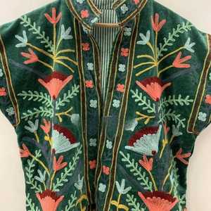 Green Velvet Suzani Embroidered Vest with Belt Festival Outfit Artisan Embroidery Bohemian Vest <b>Short</b> Sleeveless <b>Jacket</b> - Product Image 2