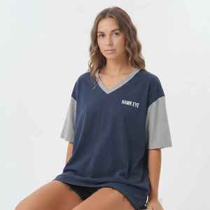 Hawk Eye Women's Navy Blue <b>V</b>-<b>Neck</b> <b>Oversized</b> <b>T</b>-<b>Shirt</b> Short Sleeve Color Blocked Loose Fit Cotton Jersey Top Spring Summer - Product Image 5
