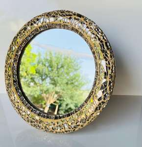 Offre Spéciale : Miroir Rond de 8 Pouces Fait Main en Verre Craquelé avec Bordure Mosaïque Brillante pour Table Console et Espace de Vie - Product Image 1