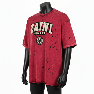 T-shirt homme en coton jersey premium, effet délavé, rouge vintage, logo imprimé sur mesure, 100% coton, coupe ample. - Product Image 4