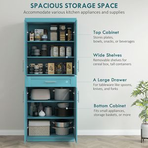 Dispensa da cucina autoportante blu scuro con ante in truciolato e telaio in legno - Product Image 4