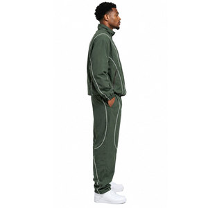 Ensemble de survêtement vert uni pour homme, col montant, en polyester tricoté respirant, coupe-vent décontracté pour l'automne - Product Image 5