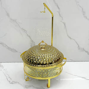 Luxury Stainless Steel Round Chafing Dish Buffet Food Warmer with Gold Finish <b>Stand</b> and Glass Lid for Wedding Catering - Product Image 4