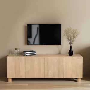 Mueble de TV de Madera Maciza de Mango de Lujo, Diseño Acanalado, Estilo Europeo Moderno, Consola de TV Multifuncional para Sala de Estar, Hotel, Hogar - Product Image 1