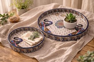 Round Patterned Serving Tray Decorative Tea Coffee Platter with Compartment for Home Dining - Product Image 3