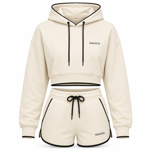 Women's 100% Cotton Fleece 360 GSM Streetwear 2-Piece Sports Wear Set Full Sleeve Hooded <b>Top</b> Knee Shorts-Eco-Friendly Breathable - Product Image 3
