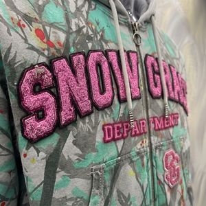 Snow Grace <b>Cropped</b> <b>Zip</b>-<b>Up</b> <b>Hoodie</b> Unisex Oversized Fit Streetwear Print Design With Pocket And Distressed Details - Product Image 6