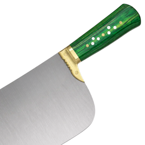 Hachoir à viande robuste argenté avec manche riveté vert, poignée dorée, lame large rectangulaire pour boucher et cuisine - Product Image 5