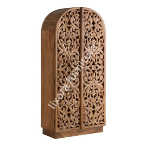 Armario de Lujo Hecho a Mano con Madera Sólida, Arqueado, de 2 Puertas, con Tallado Ornamental de Hojas Botánicas, en Roble Miel - Product Image 5
