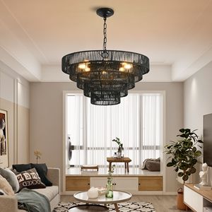 Lampadario a sospensione rustico nero in corda di canapa a 5 livelli da 24 pollici, stile Boho Farmhouse, con 8 attacchi E12 per sala da pranzo - Product Image 1