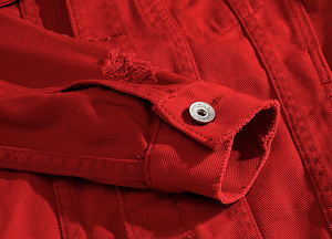 Men's <b>Red</b> Denim Jacket Turn-down Collar Single Breasted Casual Ripped Hole Design Autumn Slim Fit Cotton <b>Material</b> - Product Image 4