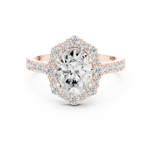 Élégante bague de promesse pour femme en or rose plaqué, sertie de moissanite ovale et de diamants, avec halo et bande pavée - Product Image 1