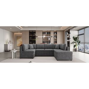 Divano Sezionale a U Oversize da 300 cm con Letto Estraibile e Due Cuscini Decorativi Grigi per Soggiorno - Product Image 4