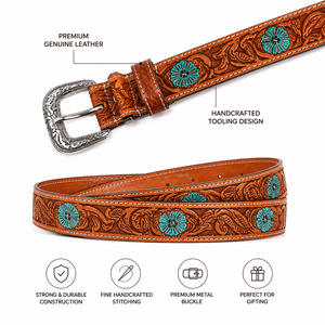 Premium Handcrafted Genuine <b>Leather</b> Belt for Men Floral <b>Tooled</b> Belt with Turquoise Concho Accents - Product Image 3
