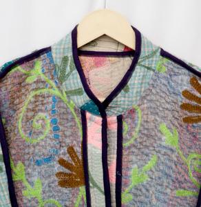 Elegante Chaqueta Kantha Estampada 100% Algodón con Cuello Mandarín, Transpirable, Multicolor, Ecológica, para Otoño, Abrigo para Mujer - Product Image 5
