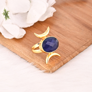 Anillo de Moda con Gema de Latón Azul Tinta para Mujer, Chapado en Oro, Elegante Forma Ovalada, Accesorio de Uso Diario - Product Image 4