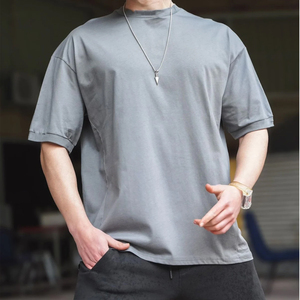 T-shirt en coton noir surdimensionné pour homme, col rond, manches courtes, décontracté, couleur unie, coupe jersey, longueur normale, style tricoté uni - Product Image 4