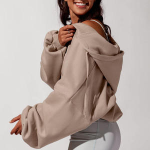Sudadera informal extragrande con capucha y cremallera para mujer, de color liso, manga larga, hombros caídos, de punto de algodón transpirable con bolsillos de forro polar, para otoño, OEM - Product Image 5
