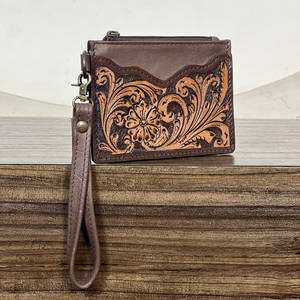 New Arrival Hand Tooled Genuine Leather Stylish Cute Small Zipper Clutch Floral Coin & ATM Credit <b>Card</b> Holder Western <b>Wallet</b> - Product Image 2