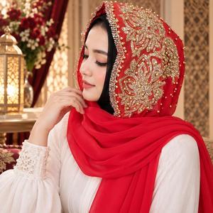 Hijab en soie brodé de fleurs orange, écharpe faite à la main, couvre-chef pour femmes, polyester extensible, forme carrée, broderie au point de croix - Product Image 4
