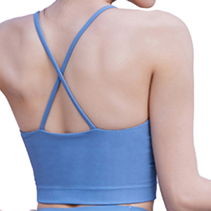Women's Ribbed Scoop Neck Racerback High Support Breathable Solid <b>Blue</b> Seamless Sports <b>Bra</b> with Removable Pads - Product Image 2