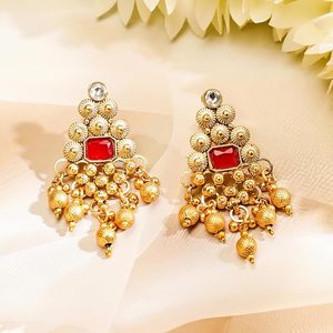 Gold Plated Alloy Vintage Necklace and Earring <b>Set</b> with Zircon Stones <b>Pearls</b> Geometric Design for Women Wedding Bridal Jewelry - Product Image 5