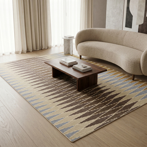 DECORDEC Tapis géométrique épais en laine tuftée à la main, antidérapant, écologique, personnalisé, coloris ivoire, marron, bleu, moutarde, style Ikat, pour hôtel et villa - Product Image 4