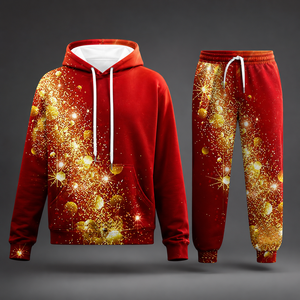 Women Winter Hooded Tracksuit <b>Red</b> Gold Print Full Length Casual Sublimation Polyester Pants Set With Side Pockets Drawstring - Product Image 1