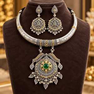 Ethnic Tai Silver Jewelry Set <b>for</b> <b>Women</b> Antique Plated Alloy <b>Choker</b> with Imitation Pearl Drop Bridal Gift - Product Image 3
