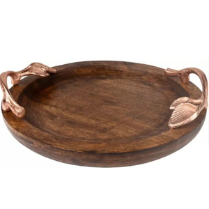 Fancy Serving Platter Dining Room <b>Kitchen</b> Decorative <b>Tray</b> Made Of Wood Oval Shape Small <b>Tray</b> With Designer Copper Handles - Product Image 2