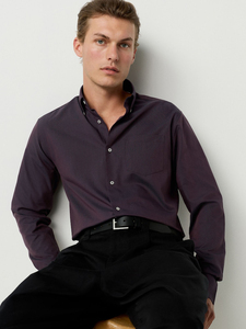 Chemise habillée boutonnée pour homme, violet foncé, manches longues, couleur unie, popeline, infroissable, style décontracté chic, pour l'automne - Product Image 2