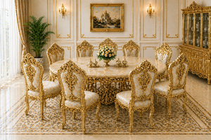 Meubles de salle à manger de style italien haut de gamme en or blanc, style Maharaja, ensemble table et chaises 6 places, acheter une suite de salle à manger classique - Product Image 6