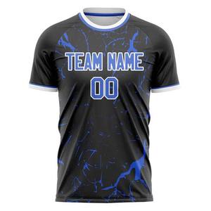 Maillot de football pour hommes à manches courtes, personnalisé, en polyester 100%, avec impression par sublimation, contraste bleu-noir, prix abordable, vente en gros - Product Image 1
