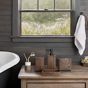 Juego de Accesorios de Baño de Madera Rústica, Cuatro Piezas, Estilo Minimalista Rectangular, Dispensador de Jabón, Portacepillos de Dientes, Bandeja - Product Image 6