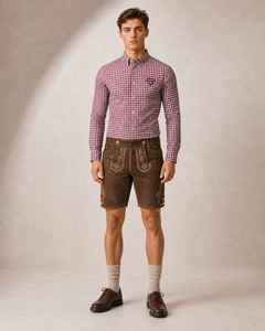 ชุดเสื้อเชิ้ตลายสก็อตพร้อมกางเกงหนังสีน้ำตาลแบบ Lederhosen สำหรับผู้ชาย สไตล์เยอรมันแบบดั้งเดิมสำหรับเทศกาล Oktoberfest ของบาวาเรีย - Product Image 1